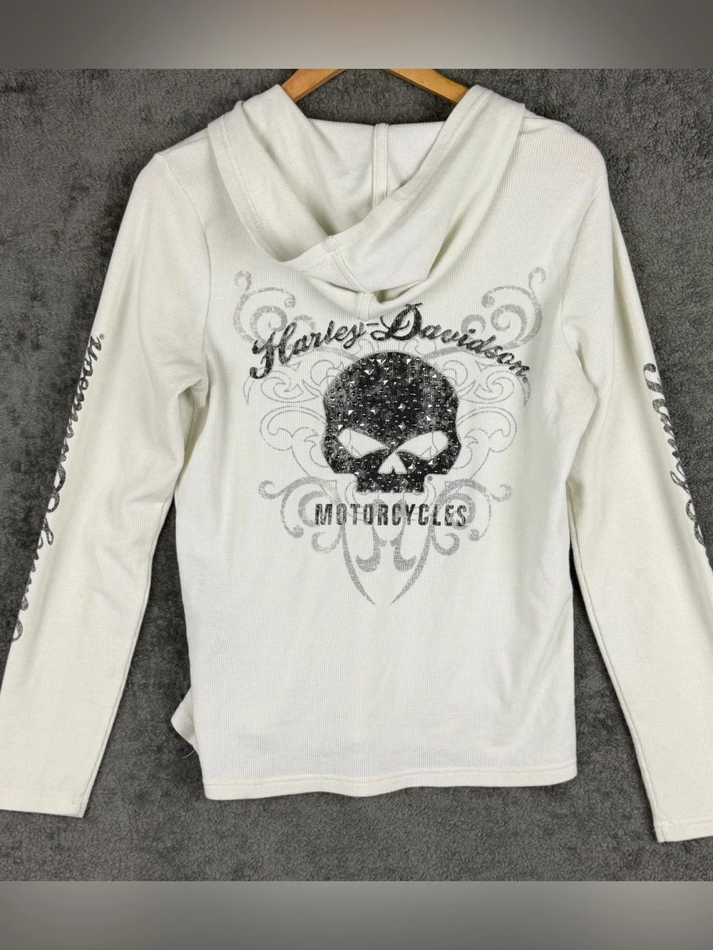 Harley Davidson White Cream Waffle Lace Up Skull Thermal Hoodie Women's Large - Picture 1 of 15
